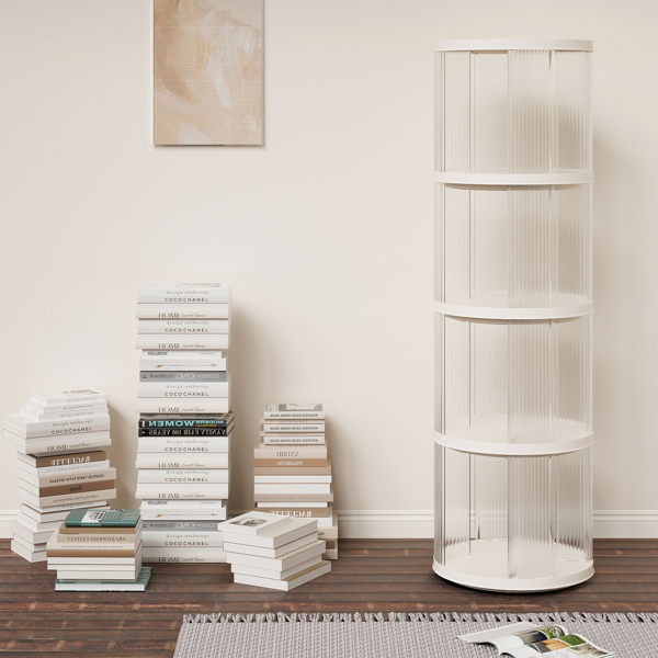 360° Rotating Bookshelf, Small Corner Bookcase with Small Footprint, 4 Tier Floor Standing Bookcasefor Kids&Adults, Narrow Book Shelf Organizer for Bedroom, Living Room, Round, White 