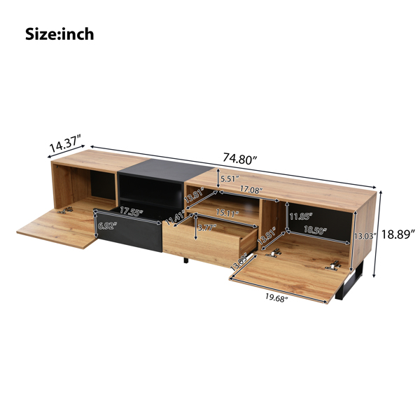 Modern TV Stand with 2 Cabinets& Open Storage Compartment, Color-matching Media Console Table for TVs up to 85'', Entertainment Center with Drop Down Door for Living Room, Bedroom, Home Theatre 