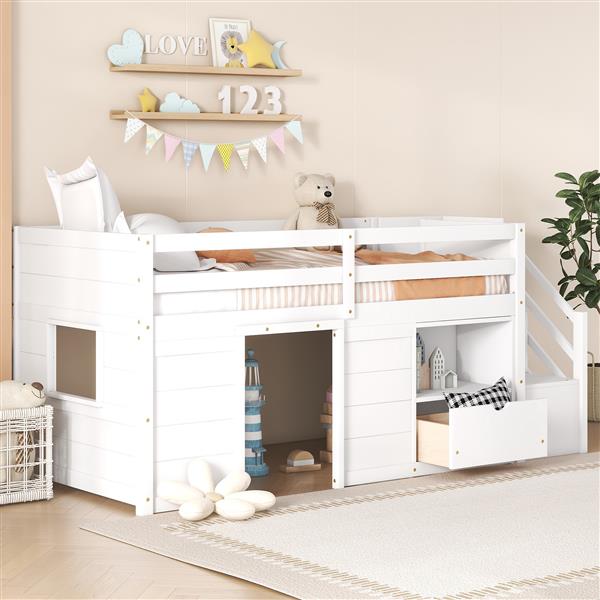 TWIN BED, SOLID WOOD TWIN SIZE LOW LOFT BED WITH STAIR, DRAWER, AND SHELF OF WHITE COLOR