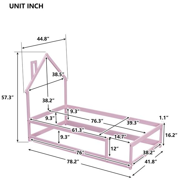 Twin Size Wood bed with House-shaped Headboard Floor bed with Fences,Pink