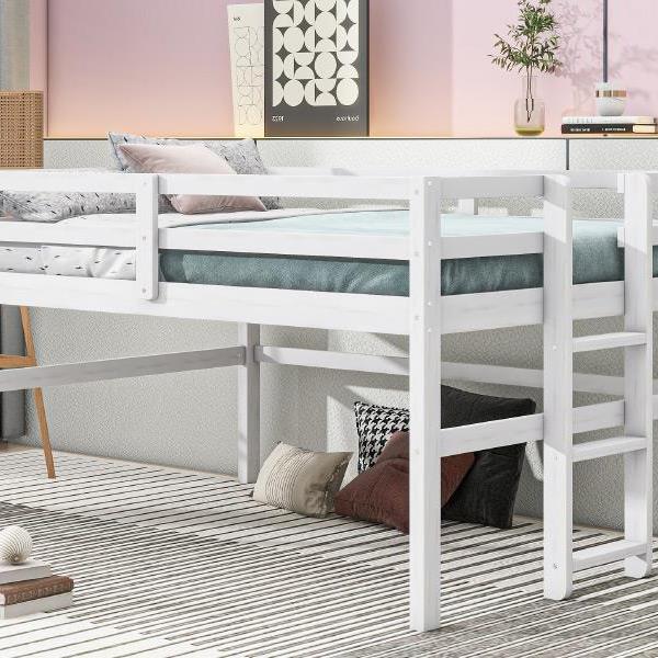 Wood Twin Size Loft Bed with Side Ladder, Antique White