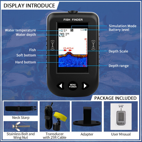 Portable Fish Finder Fishing Sonar Sounder 100M Depth Range 45 Degrees Sonar Coverage Echo Sounder Fishing Finder Lake Sea Fishing