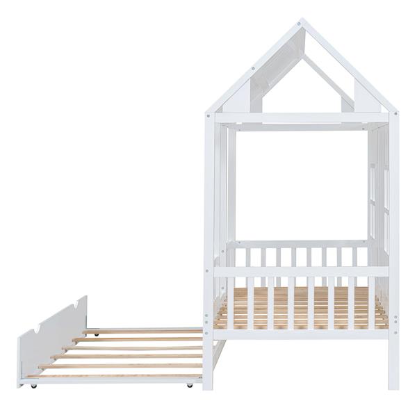 Twin Size Wood House Bed With Twin Size Trundle, Wooden Daybed, White