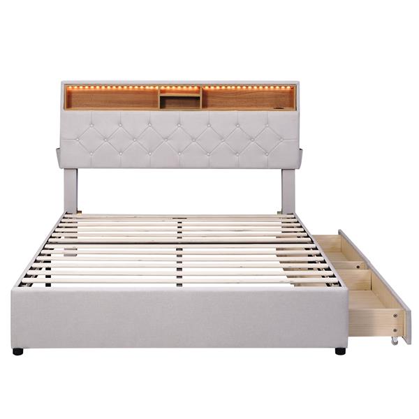 Full Size Upholstered Platform Bed with Storage Headboard, LED, USB Charging and 2 Drawers, Beige