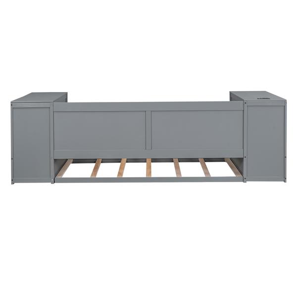 Twin Size Daybed with Storage Arms, Trundle and Charging Station, Gray