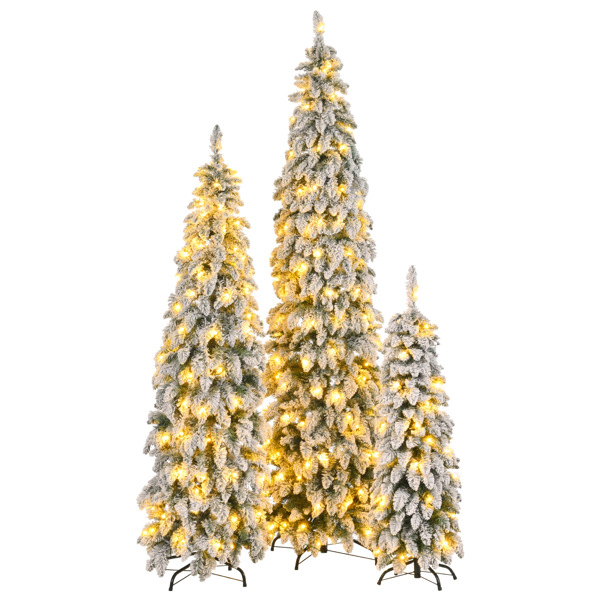 8FT, 6FT, 4FT Pre-Lit Pencil Christmas Trees, 3-set Slim Artificial Christmas Tree With Snow Flocking, Xmas Holiday Decoration Tree, 1455 Branch Tips, 520 LED Lights, 11 Lighting Modes 