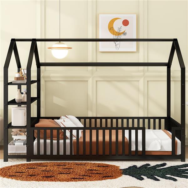 Twin Size Metal House Bed with Fence and Detachable Storage Shelves, Black