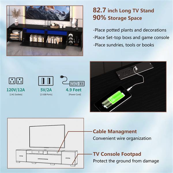 [Video] TV Console with Storage Cabinets, Remote, APP Control Long LED TV Stand, Full RGB Color Selection, 31 Modes Changing Lights Modern Entertainment Center with Power Cord (Black, for 80 inches)