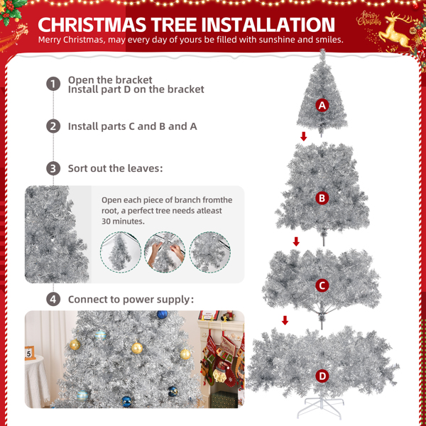 8 FT Artificial Christmas Tree, Unlit Hinged Christmas Pine Tree with 1350 Branch Tips and Sturdy Metal Stand, Silver