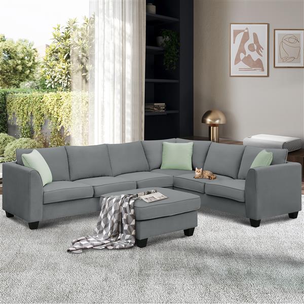 [VIDEO provided] 112*87" Sectional Sofa Couches Living Room Sets, 7 Seats Modular Sectional Sofa with Ottoman, L Shape Fabric Sofa Corner Couch Set with 3 Pillows, Grey