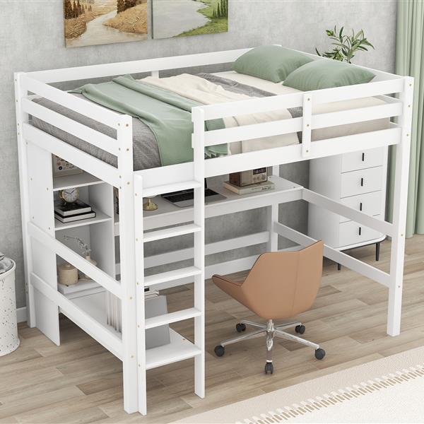 Full Size Loft Bed with Multifunction Shelves and Under-bed Desk, White