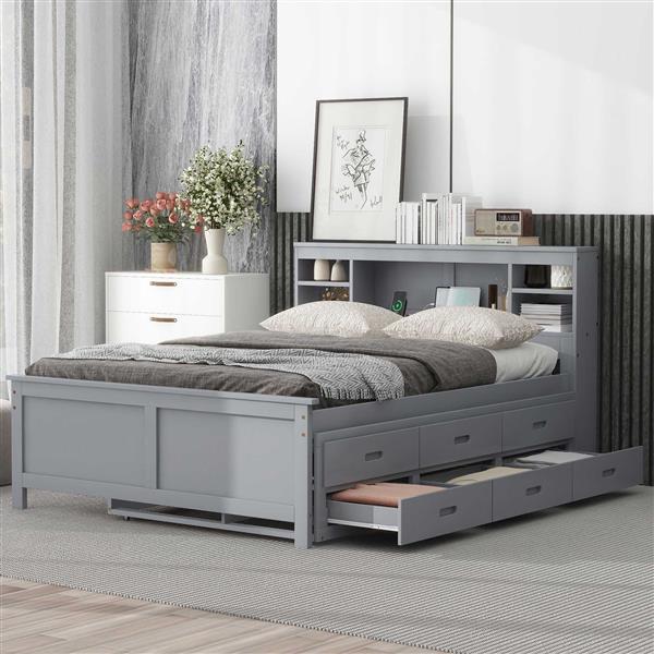 Full Size Platform Bed with Storage Headboard, USB, Twin Size Trundle and 3 Drawers, Gray