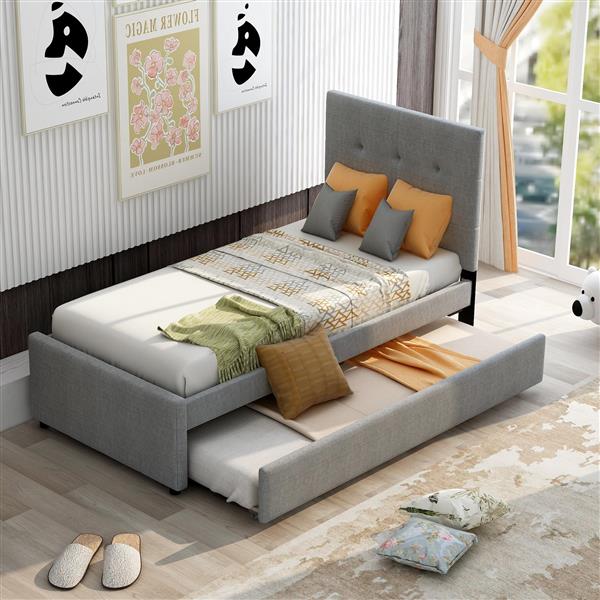 Linen Upholstered Platform Bed With Headboard and Trundle, Twin(Old