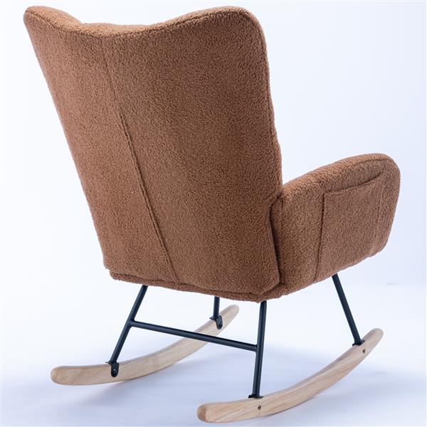 Rocking Chair with Pocket, Soft Teddy Fabric Rocking Chair for Nursery, Comfy Wingback Glider Rocker with Safe Solid Wood Base for Living Room Bedroom Balcony (brown)