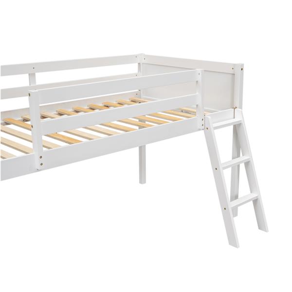 Twin Size Wood Low Loft Bed with Ladder, ladder can be placed on the left or right, White