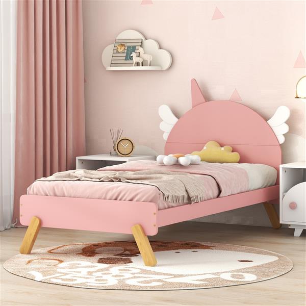 Wooden Cute Bed With Unicorn Shape Headboard,Twin Size Platform Bed,Pink