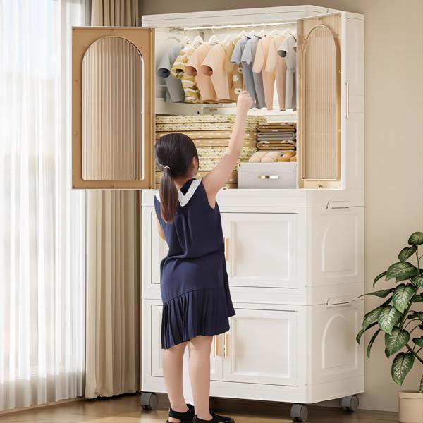 25.59" Side Wide Folding Wardrobe , 25.59"×15.75"×57.09", with Magnetic Door, Plastic Storage Cabinet with Wheels( one layer of wardrobe + two layers of folding boxes+10 hangers ) 