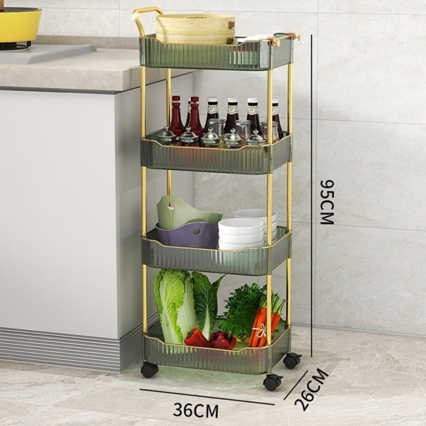 A transparent rolling multifunctional vehicle with wheels and handles, equipped with a 4-layer storage rack, assembled with wheeled mobile shelf units, suitable for narrow areas in kitchens, bathrooms