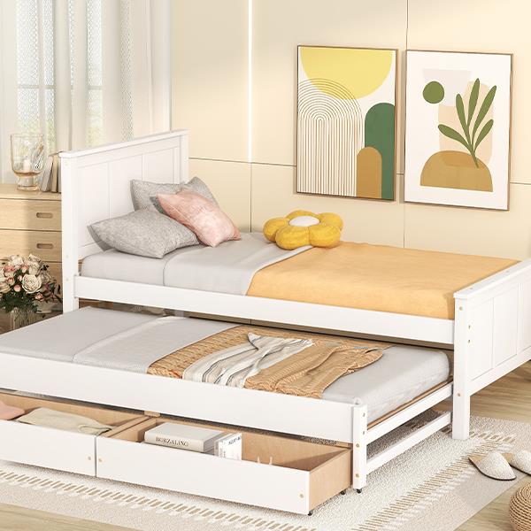 Twin Size Platform Bed with Trundle and Drawers, White