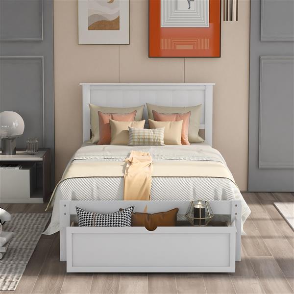 Twin Size Platform Bed with Under-bed Drawer, White