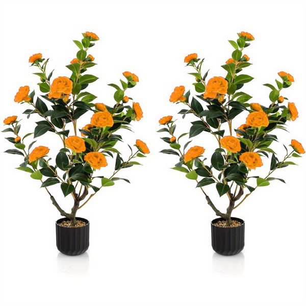 2pcs Artificial Camellia Tree, 35in Faux Camellia Plant in Pot with Orange Flowers for Spring Home Front Door Outdoor Indoor Decoration