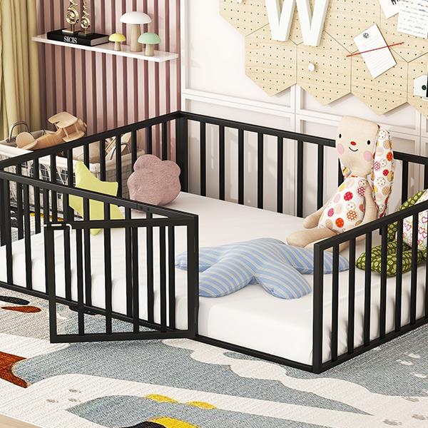 Full Size Metal Floor Bed Frame with Fence and Door, Black