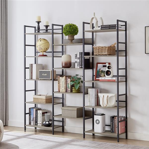 Triple Wide 5-shelf Bookshelves Industrial Retro Wooden Style Home and Office Large Open Bookshelves, Grey, 69.3"W x 11.8"D x 70.1"H