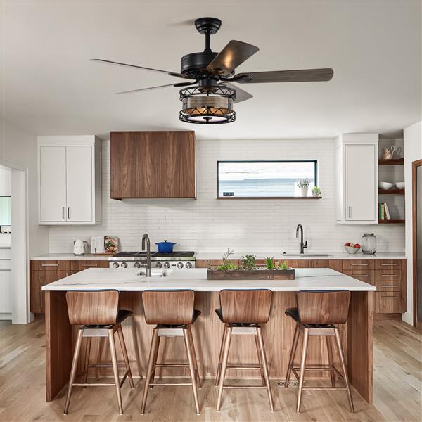 52 Inch Farmhouse 3 Lights Ceiling Fan with 5 Wood Blades, Two-color fan blade, AC Motor, Remote Control, Reversible Airflow, Multi-Speed, Adjustable Height, Traditional Ceiling Fa (No include Bulbs)