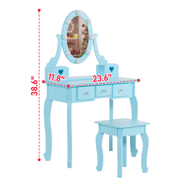 FCH Kids Vanity Set with Mirror and Lights and Stool, 5 Storage Drawers, Pretend Play Princess Makeup Desk Dressing Table and Stool Set for Little Girls Age 3+, Macaroon Blue