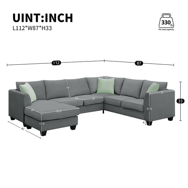 [VIDEO provided] 112*87" Sectional Sofa Couches Living Room Sets, 7 Seats Modular Sectional Sofa with Ottoman, L Shape Fabric Sofa Corner Couch Set with 3 Pillows, Grey