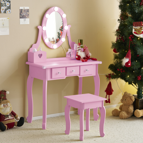 FCH Kids Vanity Set with Mirror and Lights and Stool, 5 Storage Drawers, Pretend Play Princess Makeup Desk Dressing Table and Stool Set for Little Girls Age 3+, Macaroon Purple