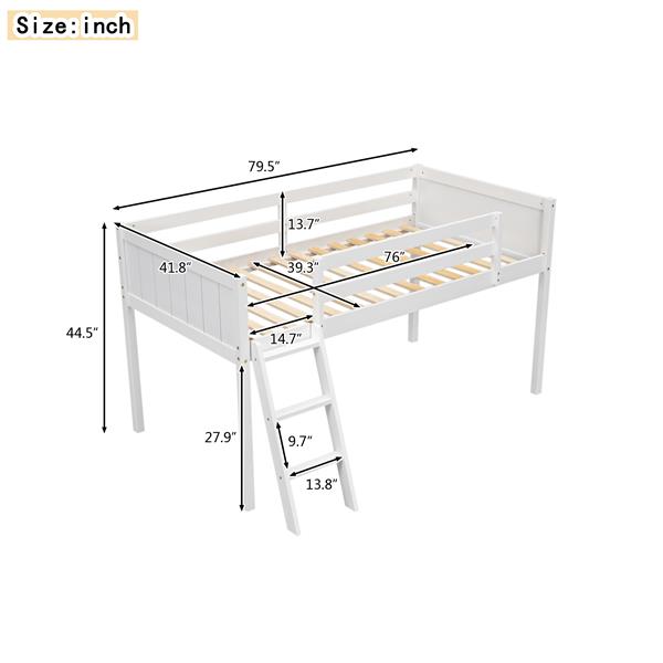 Twin Size Wood Low Loft Bed with Ladder, ladder can be placed on the left or right, White