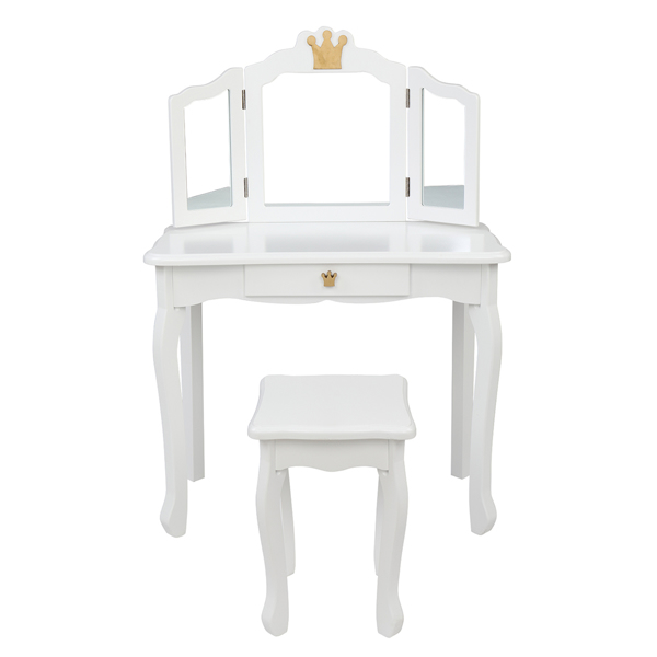 Children's Wooden Dressing Table Three-Sided Folding Mirror Dressing Table Chair Single Drawer White Crown Style