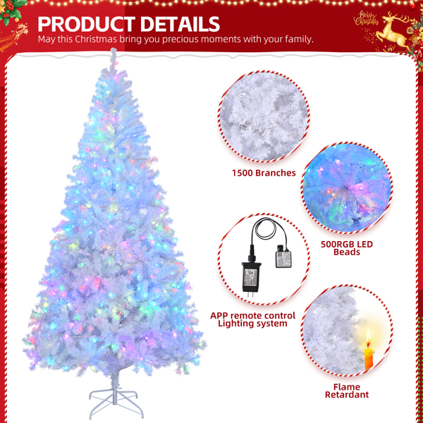 8 FT Pre-lit Artificial Christmas Tree, APP Controlled Xmas Tree Hinged Branches with 500 RGB Lights and 1500 Branch Tips, for Holiday Party Store Office Home, White