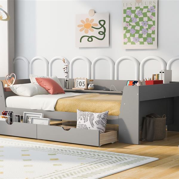 Twin Size Daybed with Shelves, Drawers and Built-In Charging Station, Gray