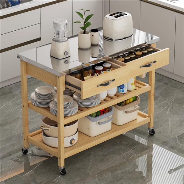 Stainless Steel Countertop Solid Wood Kitchen Cart with Storage Drawers and Shelves, Rotatable Kitchen Island with Steel Table Top and Tower Rack, Rolling Utility Trolley Cart for Kitchen and Dining