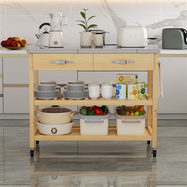 Stainless Steel Countertop Solid Wood Kitchen Cart with Storage Drawers and Shelves, Rotatable Kitchen Island with Steel Table Top and Tower Rack, Rolling Utility Trolley Cart for Kitchen and Dining