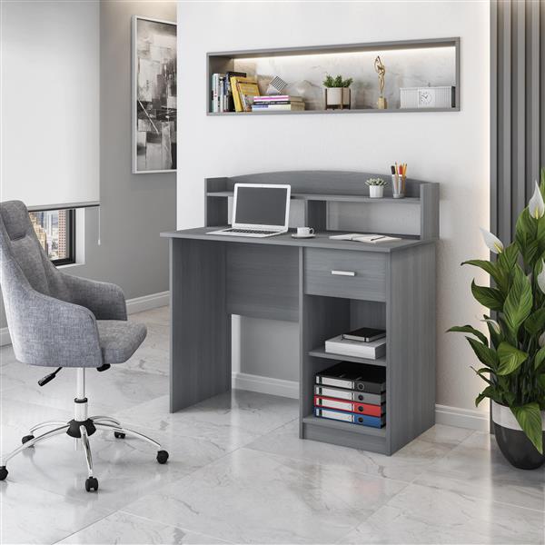 Modern Office Desk with Hutch, Grey