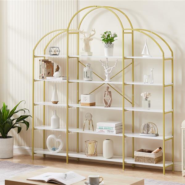 74.8 Inch 5 Tiers Office Bookcase Bookshelf, Display Shelf with Round Top, X Bar Gold Frame