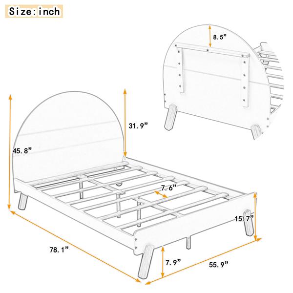 Wooden Cute Platform Bed With Curved Headboard ,Full Size Bed With Shelf Behind Headboard,White