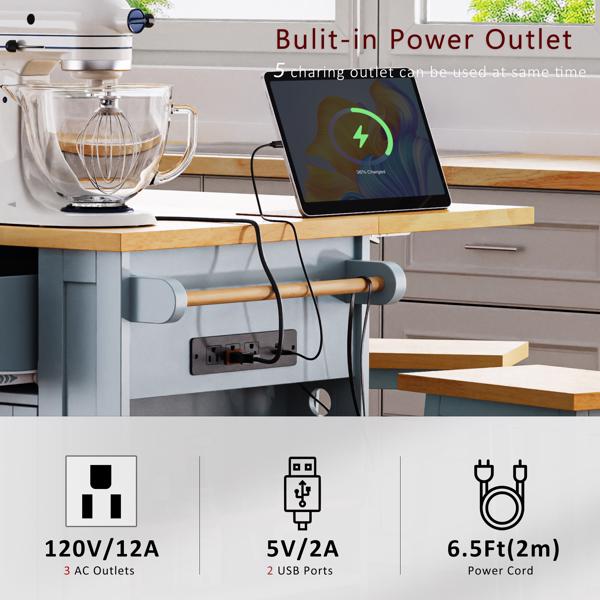 53inch Large Kitchen Island with Drop Leaf,Power Outlet,Door Internal Storage Rack,Rolling Kitchen Cart on 5 Wheels with 5 Open Side Racks for Kitchen,Dining Room,Grey Blue(Not include bar stools) 