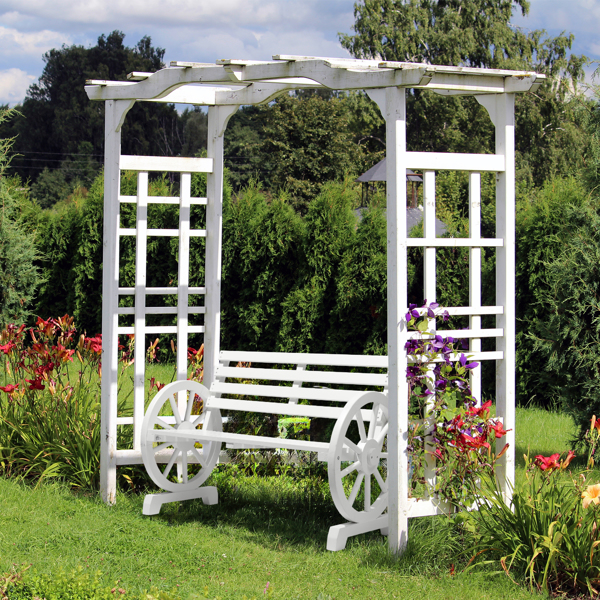 Rustic 2-Person Wooden Wagon Wheel Bench with Slatted Seat and Backrest, White