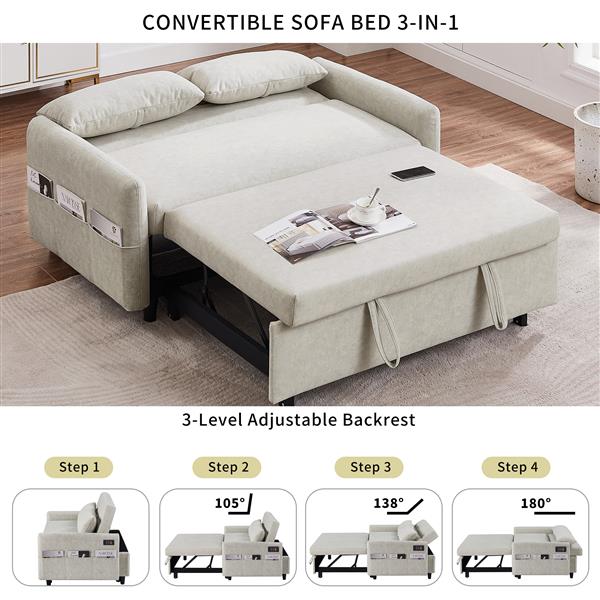 55.1" Pull Out Sleep Sofa Bed Loveseats Sofa Couch with Adjsutable Backrest, Storage Pockets, 2 Soft Pillows, USB Ports for Living Room, Bedroom, Apartment, Office, Beige