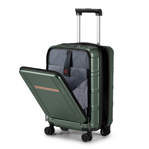 Carry on Luggage 22 X 14 X 9 Airline Approved, ABS+PC 20 Inch Luggage with Front Compartment, Double Spinner Wheels, TSA Lock，Dark Green Color