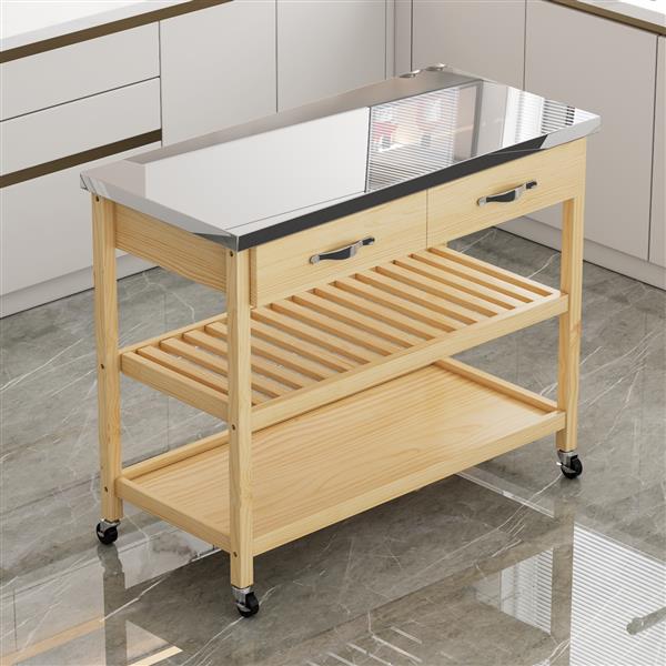 Stainless Steel Countertop Solid Wood Kitchen Cart with Storage Drawers and Shelves, Rotatable Kitchen Island with Steel Table Top and Tower Rack, Rolling Utility Trolley Cart for Kitchen and Dining