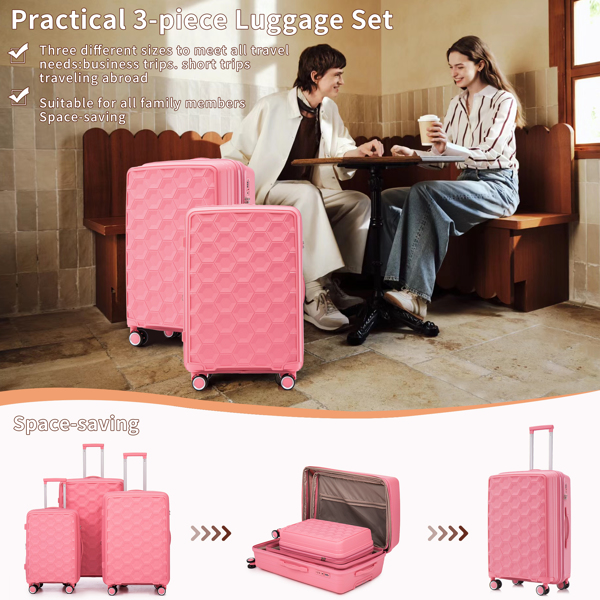 PP Luggage Sets 3 Piece(20/24/28), Expandable Carry On Luggage with TSA Lock Airline Approved, PP materials Hard Shell and Lightweight Suitcase with Spinner Wheels (Pink) 