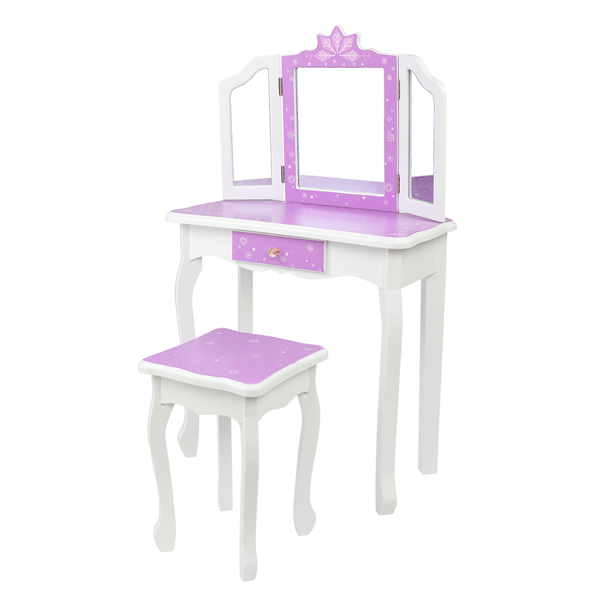 Children's Wooden Dressing Table Three-Sided Folding Mirror Dressing Table  Chair Single Drawer Purple   Snowflake Style