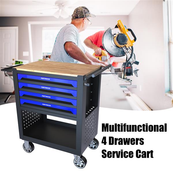 4 DRAWERS MULTIFUNCTIONAL TOOL CART WITH WHEELS AND WOODEN TOP-BLUE