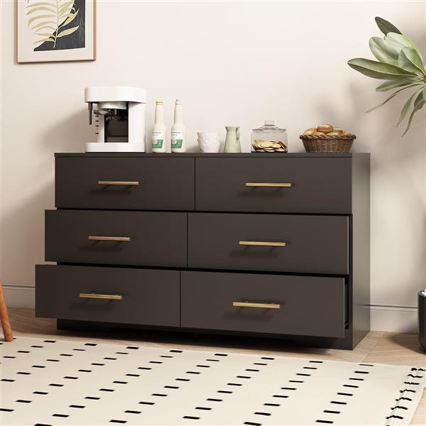 Black color Large 6 drawers chest of drawer dressers table with golden handle（Mirror not included）