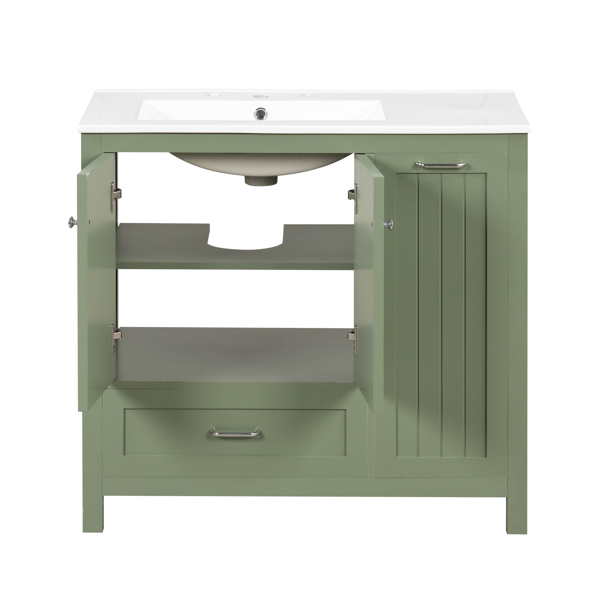 36" Bathroom Vanity with Sink, One Cabinet with Two doors and One Big Drawer and One Flip Drawer, Solid Wood and MDF Board, Green 